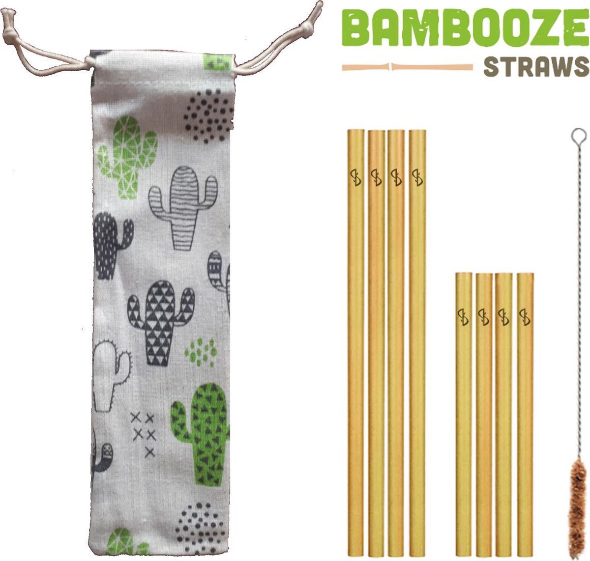 Herbruikbare bamboe rietjes - 8 Bambooze rietjes (4x Cocktails rietjes 15cm + 4x longdrink rietjes 20cm) UITZONDERLIJKE KWALITEIT + Design linnen zakje + RVS kokosborsteltje | Keuze uit 3 zakjes